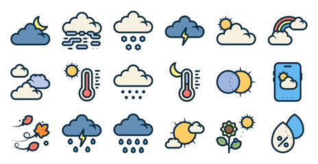 Weather icon set related to climate, cloud, nature, natural, forecast, meteorology, and others. vector illustration with lineal color style