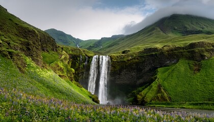 majestic waterfall cascading through lush green mountains