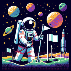 Astronaut planting flags on an alien planet with planets and a rocket in a retro pixel art style
