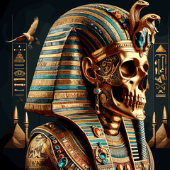 Golden pharaoh skull adorned with jewels and ancient symbols in a mystical Egyptian setting
