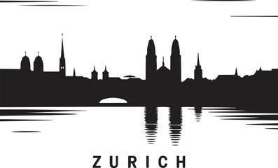 Black Silhouette of Zurich Skyline with Grossmünster and Lakefront Buildings