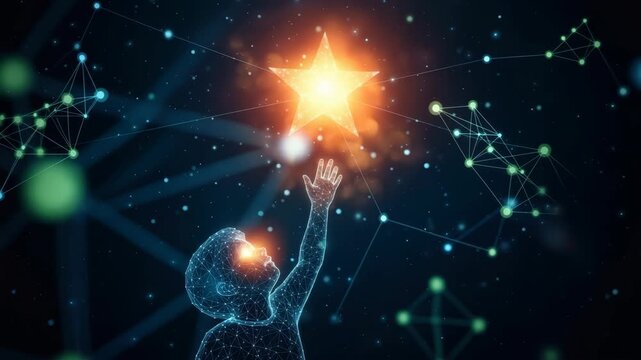 A child reaching for a glowing star amidst a cosmic backdrop filled with interconnected networks and stars symbolizing dreams aspirations and the pursuit of knowledge in a digital universe