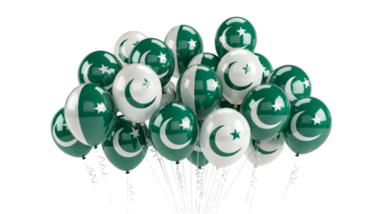 Celebrate Pakistan's national day with vibrant green and white balloons featuring the crescent moon and star.
