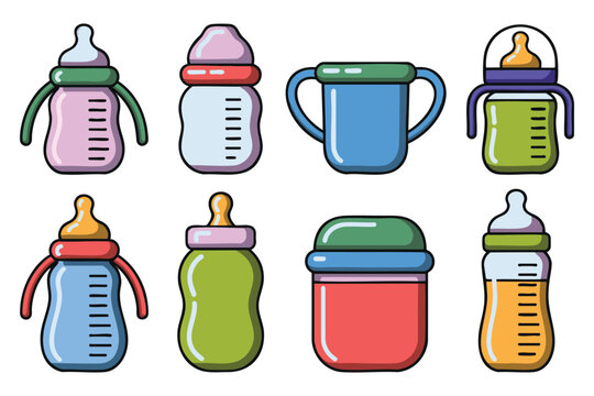 Pixel Art Baby Bottles and Sippy Cups: Colorful Illustration