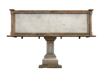 Old, weathered, and worn gray stone billboard sign on a rock wall isolated on a transparent background in PNG format.