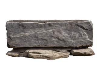 Old, weathered, and worn gray stone billboard sign on a rock wall isolated on a transparent background in PNG format.