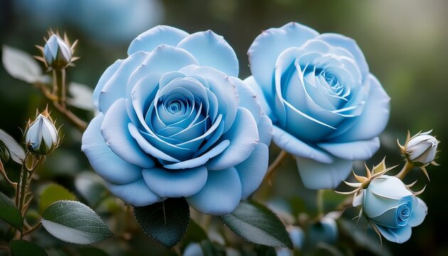 two light blue roses in bloom surrounded by buds and foliage soft focus background