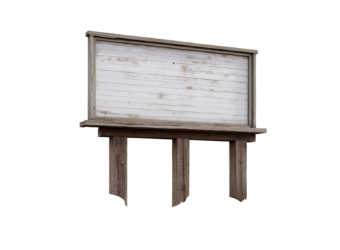 Old, weathered, and worn gray stone billboard sign on a rock wall isolated on a transparent background in PNG format.