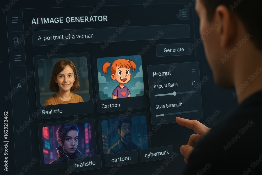 Poster person interacting with ai image generator interface choosing between realistic, cartoon, and cyberp