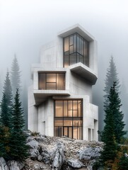 A modernist structure stands amidst a misty forest, showcasing a compelling connection between nature and architecture. Its minimalist design emphasizes clean lines and harmony with the environment
