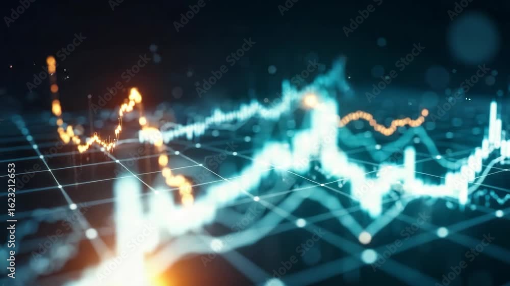 Poster a dynamic visualization of financial data trends showcasing vibrant graphs and charts on a digital g