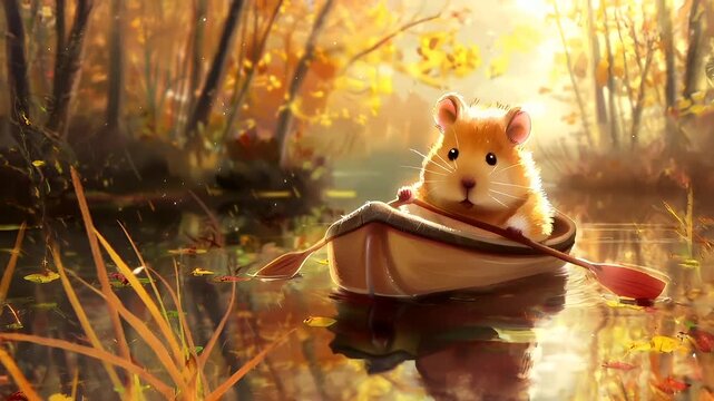 A whimsical illustration of a hamster rowing a boat on a serene pond surrounded by autumnal foliage. The hamster is depicted in a closeup view.