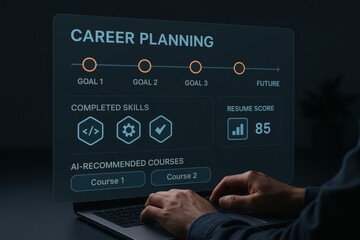 Career planning dashboard showing goals, completed skills, resume score, and AI-recommended courses
