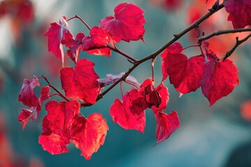 Red autumn leaves branch, nature backdrop, fall season, outdoor