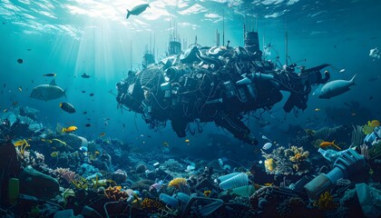 Fototapeta premium An artificial sea clogged with drifting junk continents—plastics, wires, and data waste—where cyber-fish weave silently through the wreckage of a decaying techno-ecosystem.