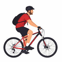 A vector illustration of a man in profile wearing a helmet and backpack, riding a red mountain bike, representing sports and adventure