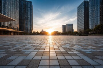 Fototapeta premium Urban plaza with modern buildings and sunset light