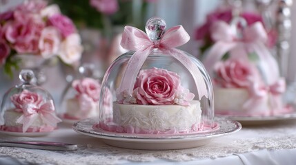 Elegant pink rose cake under glass dome wedding dessert table display

