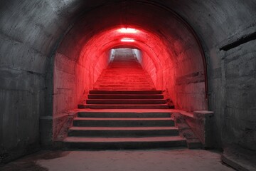 Obraz premium Illuminated Stairway in Subterranean Bunker: A Dark Tunnel with Red Light Effects