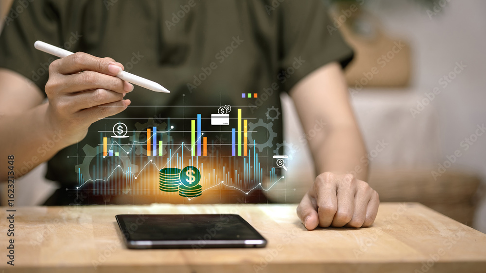 Poster digital finance analytics with tablet and virtual graphs