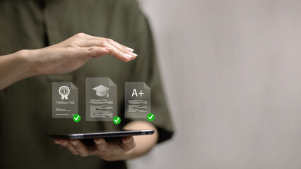 Digital education and certification, hand using tablet with online learning and achievement icons