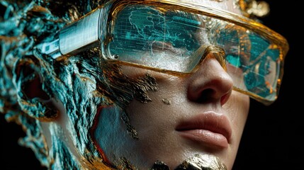 A close-up of an attractive woman wearing futuristic gold and cyan framed glasses, with a world map on the lenses that seems to flow onto her face, creating an abstract relief.
