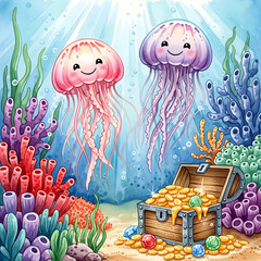 Cute underwater scene with smiling jellyfish, treasure chest full of gold and gems, colorful coral reef background
