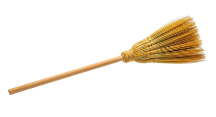 Golden straw broom with wooden handle isolated on transparent background, a domestic tool for cleaning and housekeeping, used for sweeping the floor and maintaining tidiness in the home