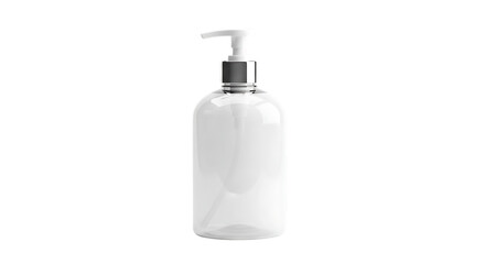 Clear plastic bottle with pump dispenser isolated on transparent background, ideal for showcasing hand sanitizers, liquid soaps, lotions, or other cosmetic and personal care products