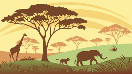 Silhouette of african wildlife with giraffe elephant and cat under trees on a savanna landscape scene