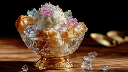 Ice cream dessert with colorful gems in crystal glass bowl on pink silk