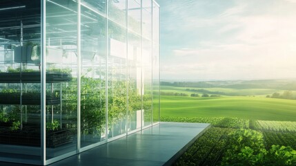 Modern glass-walled vertical farm with expansive rural landscape view.