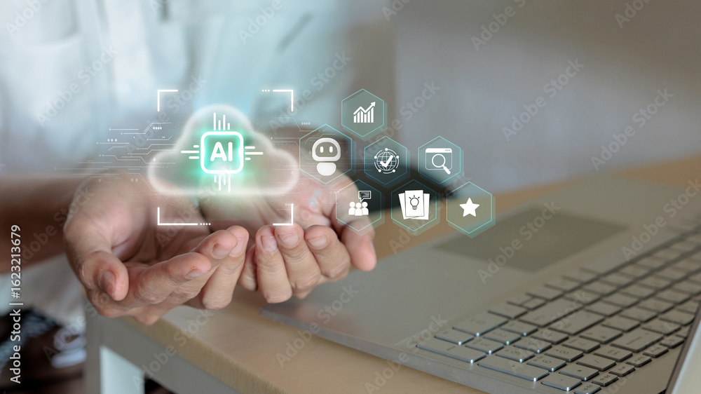 Poster artificial intelligence technology concept with hands and digital ai icons