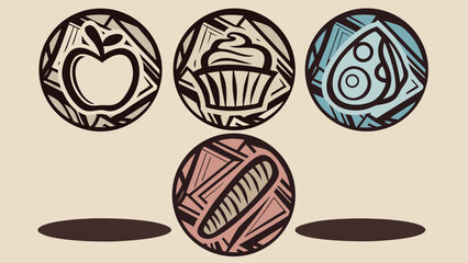 Stylized food icons including an apple cupcake water droplet and bread in a circular design frame