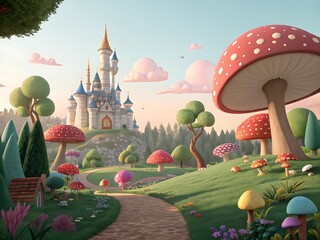 Whimsical fairytale landscape with a majestic castle, colorful mushrooms, and a winding path through a magical garden in a dreamy, cartoon setting