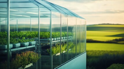 Obraz premium Greenhouse with young plants in rows against a backdrop of rolling hills.
