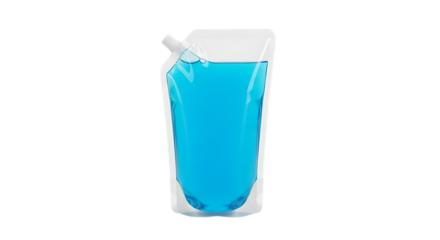 A studio shot of a clear plastic pouch filled with blue liquid and a spout, isolated on a transparent background, perfect for showcasing beverage packaging and product presentation