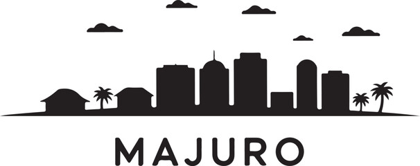 Black Silhouette of Majuro Skyline with Flat Island Strip, Buildings, and Palm Trees