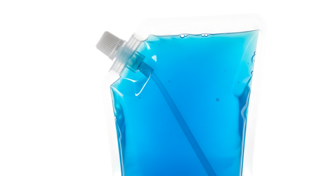 A closeup studio shot of a blue liquid in a clear plastic pouch with a spout, isolated on a transparent background, ideal for showcasing beverage packaging and product presentation
