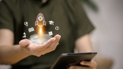 Startup Innovation with Rocket Launch and Education Icons
