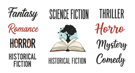 Collection of book genre titles with hand drawn style isolated on transparent background, including fantasy, science fiction, thriller, romance, horror, mystery, comedy, and historical fiction
