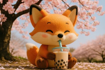 Cartoon Fox Drinking Bubble Tea Under Sakura Tree – Cute Spring Illustration
