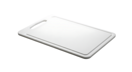 White plastic cutting board with handle isolated on transparent background for food preparation, cooking, chopping and serving ingredients in the kitchen or restaurant, studio shot with copy space