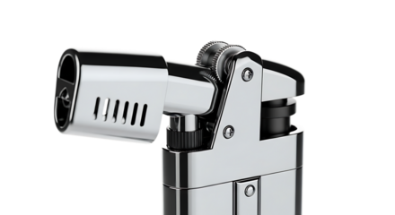 Closeup of a sleek chrome lighter with intricate details, isolated on transparent background, showcasing its metallic finish and vintage design, ideal for illustrating smoking or firerelated themes