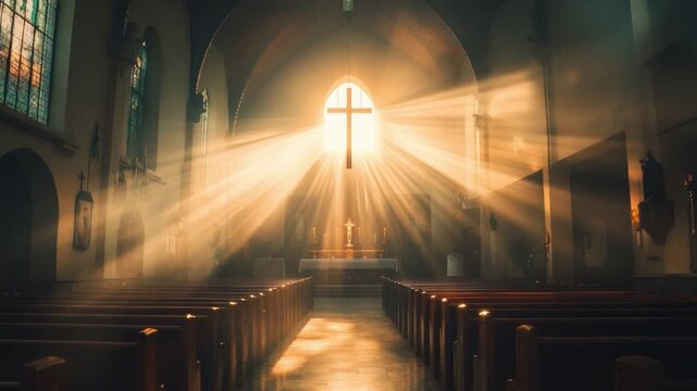 Soft Sunlight Illuminates an Old Church Interior with Glowing Cross and Peaceful Atmosphere 4k video footage