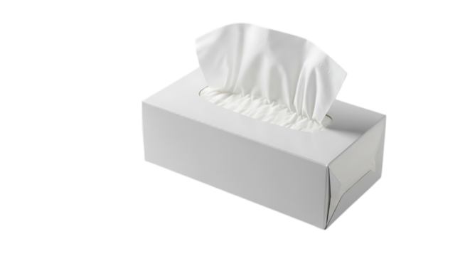 Closeup of a white tissue box with tissues coming out of the top, isolated on transparent background, perfect for illustrating hygiene, health, or everyday household needs in a clean and simple way - Powered by Adobe