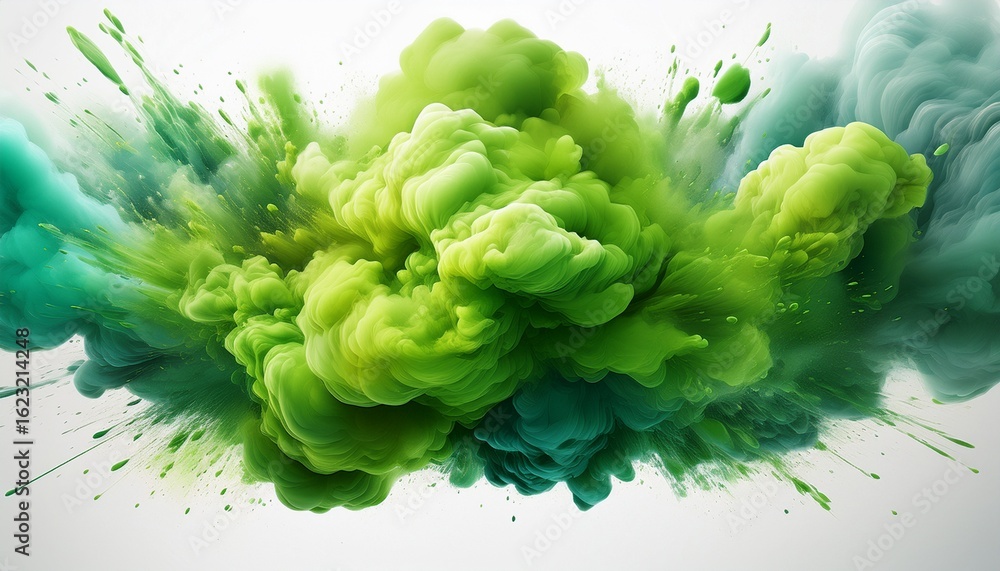 Poster green smoke exploding creating a colorful cloud on white background