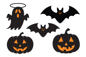 Spooky Halloween Icons Featuring Smiling Pumpkins Menacing Bats and a Ghost with Halo Vector Illustration