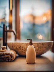A soft and warm atmosphere envelops a minimalist bathroom featuring a cosmetic bottle beside a stylish concrete sink