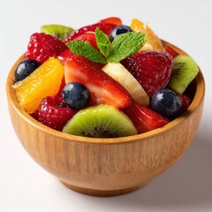 Vibrant mixed fruit salad in a rustic wooden bowl